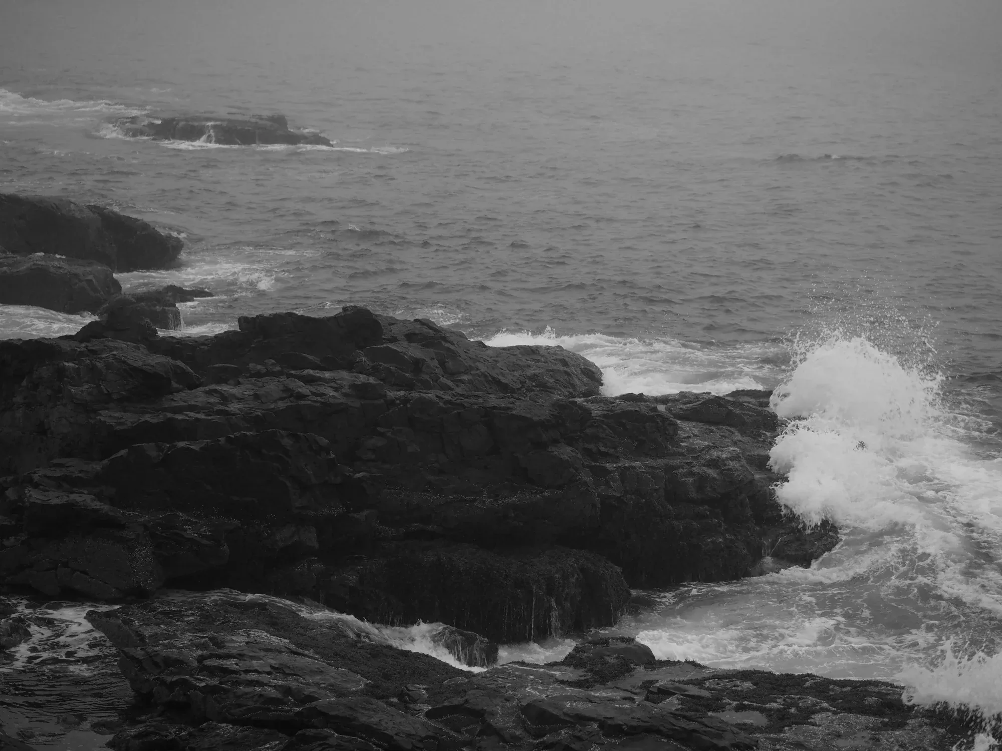 Black-and-white photograph of waves breaking over dark rocks along the coast.