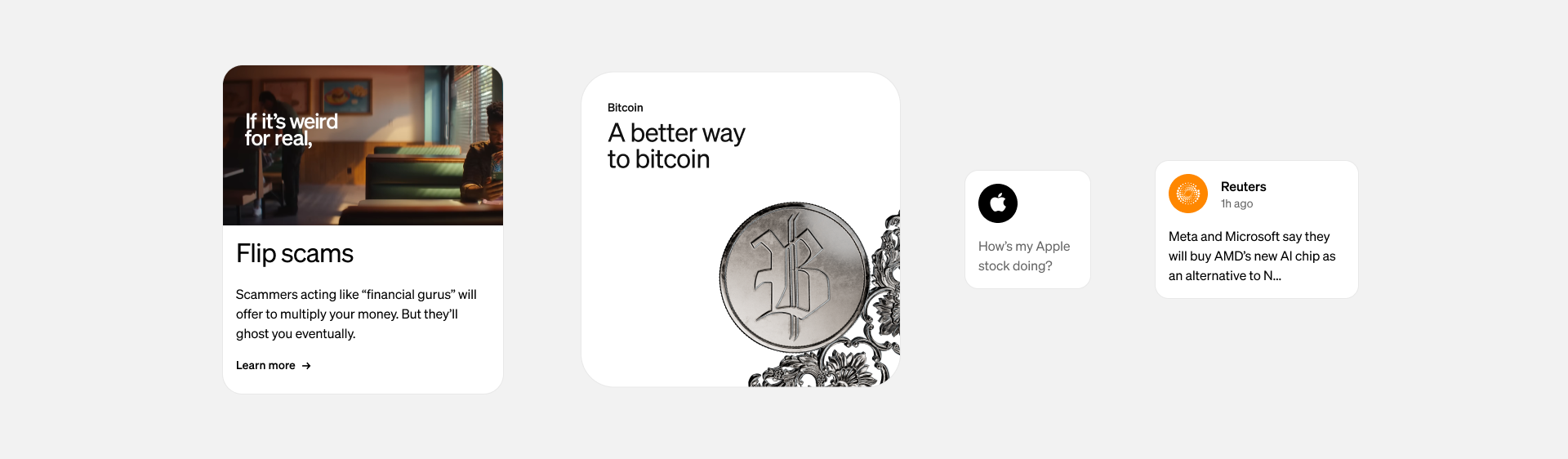 Four Arcade-built Cash App cards: Flip scams, A better way to bitcoin, an Apple stock prompt, and a Reuters headline.