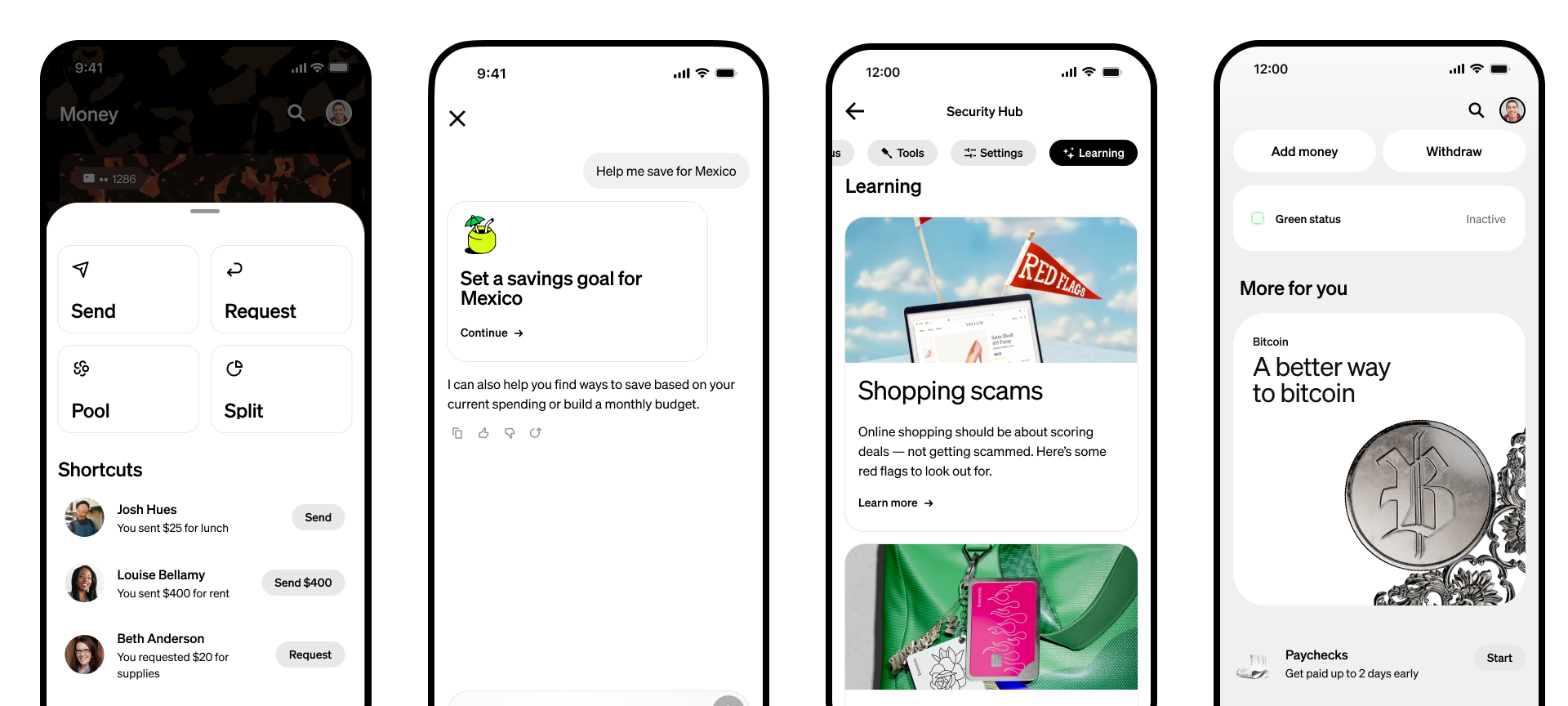 Four Cash App phone screens: Money shortcuts, Moneybot setting a savings goal for Mexico, Security Hub shopping scams, and More for you with a bitcoin card.