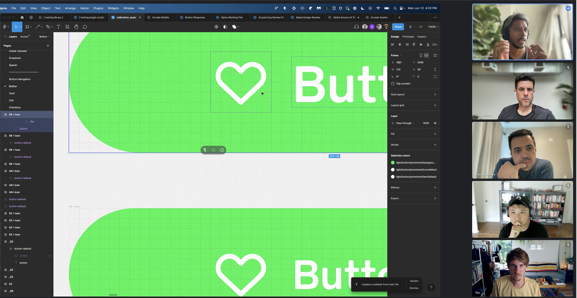 Figma file Arcade Assets open on a large green button with a heart icon, size variants in the sidebar, and five people on a video call.