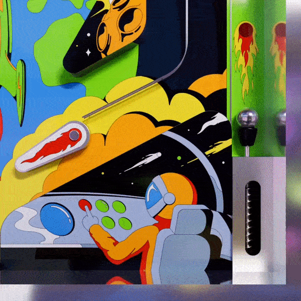 Pinball playfield art for Arcade, with a rocket bumper and an astronaut at the controls.