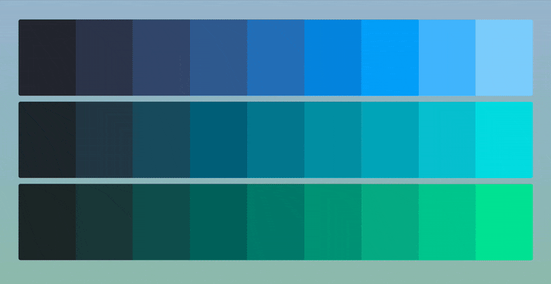 Three related palettes in blue, teal, and green, each running from dark to light.