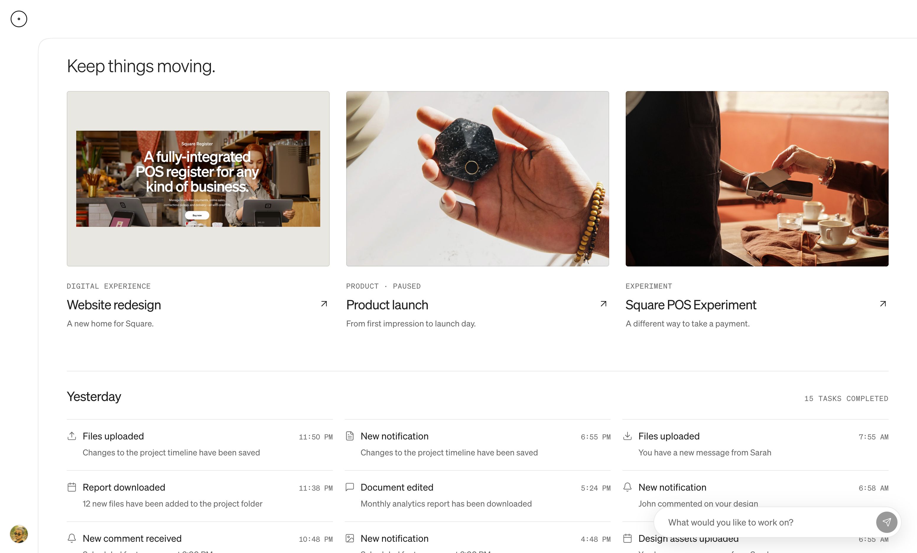 Active projects and a timeline of completed work.