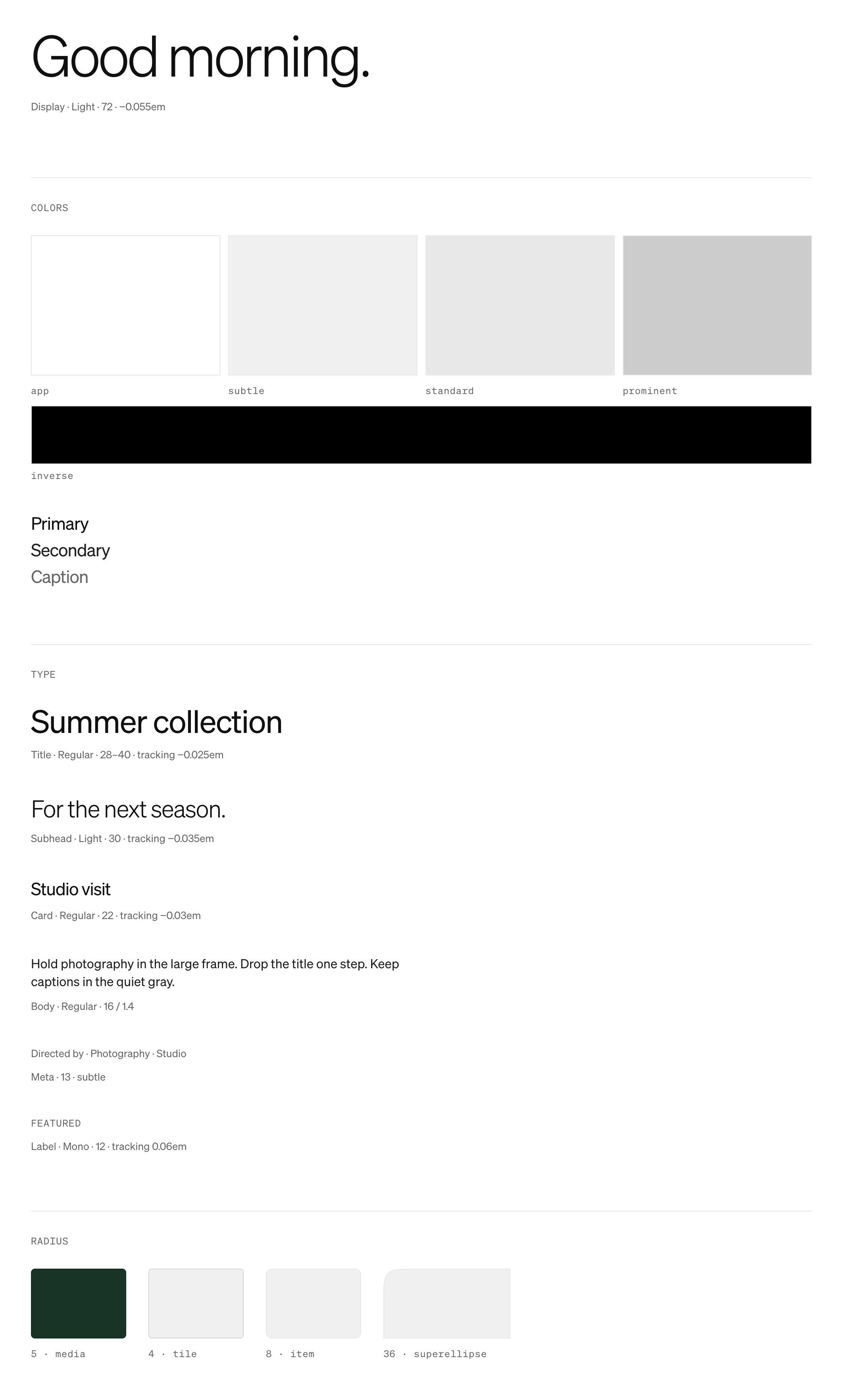 Spec sheet for G2: display type, color roles, type scale, and corner radii.