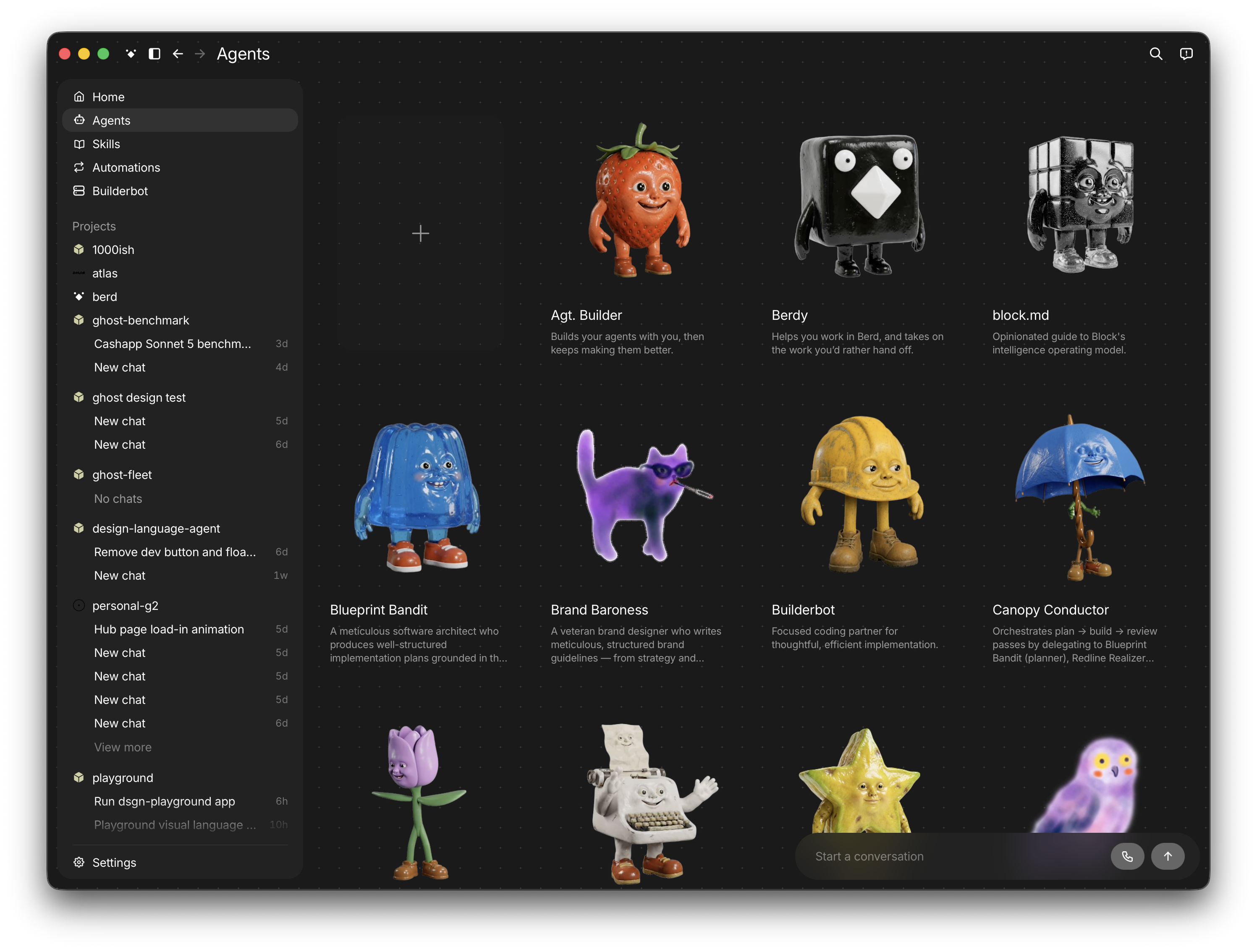 Agents gallery with character avatars.