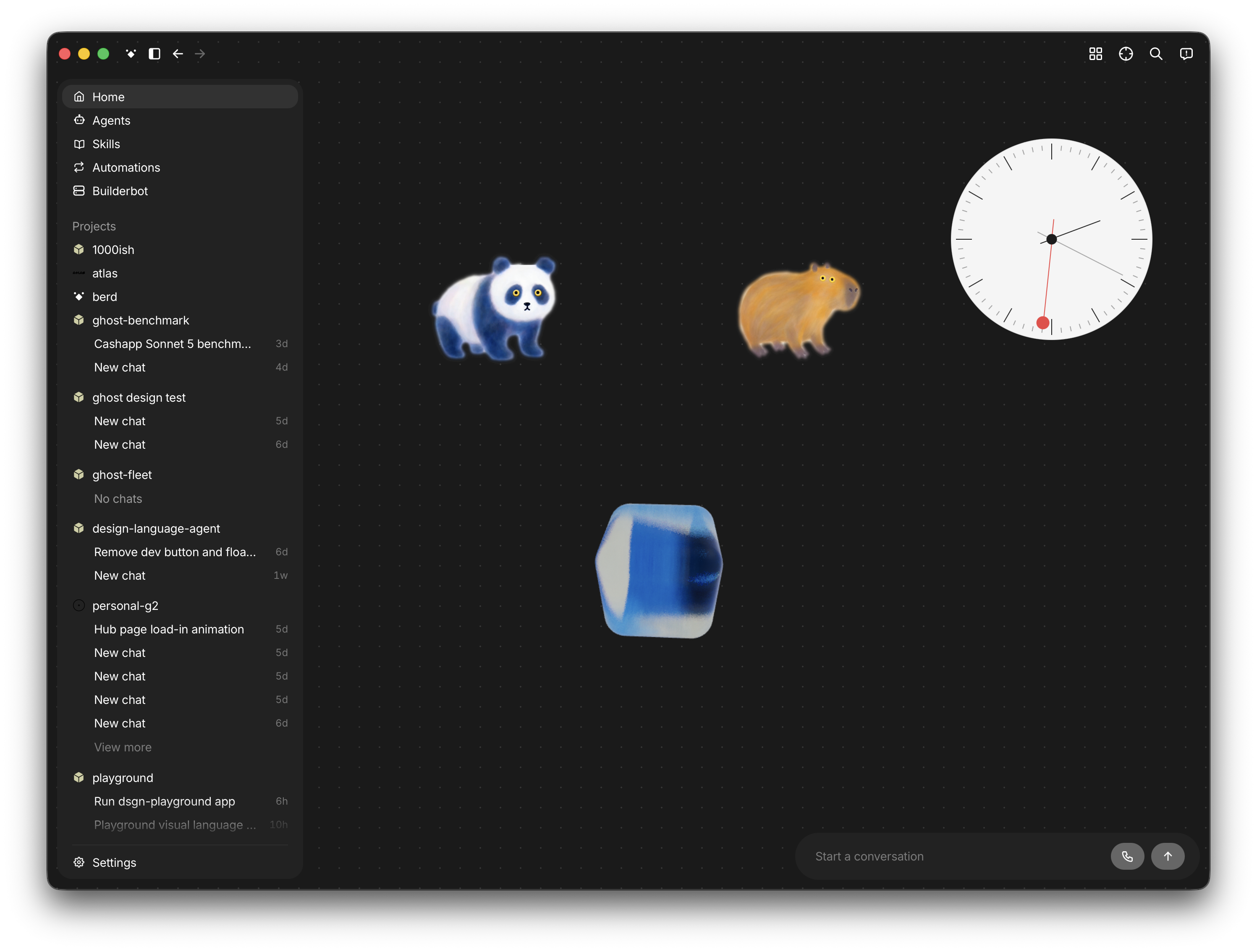 The launched Berd desktop app, with agents surrounding a central visual, navigation for projects, chats, skills and automations, and a starter checklist.
