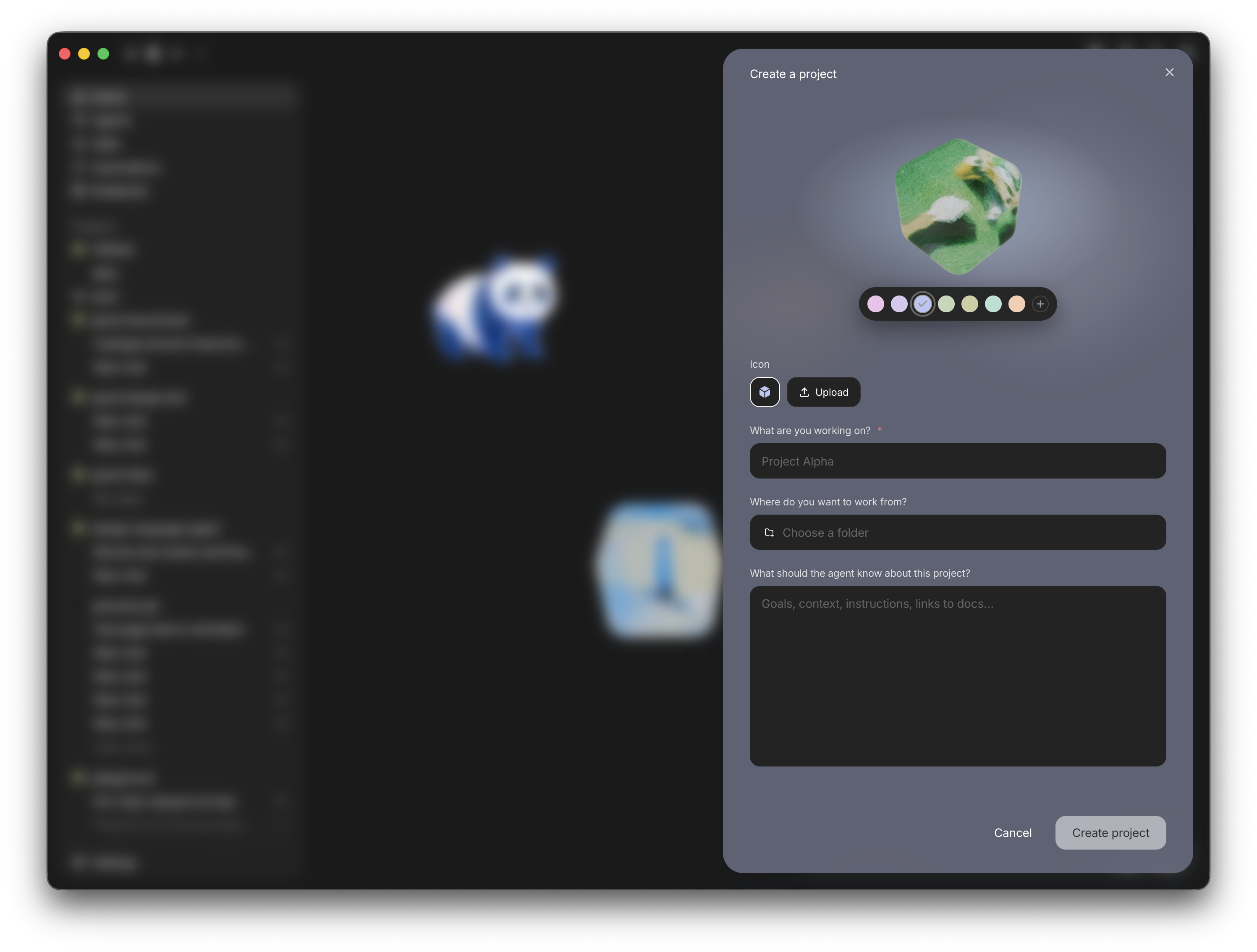 Create a project panel with a 3D cube preview, a color picker, a name field, a folder picker, and notes for the agent.