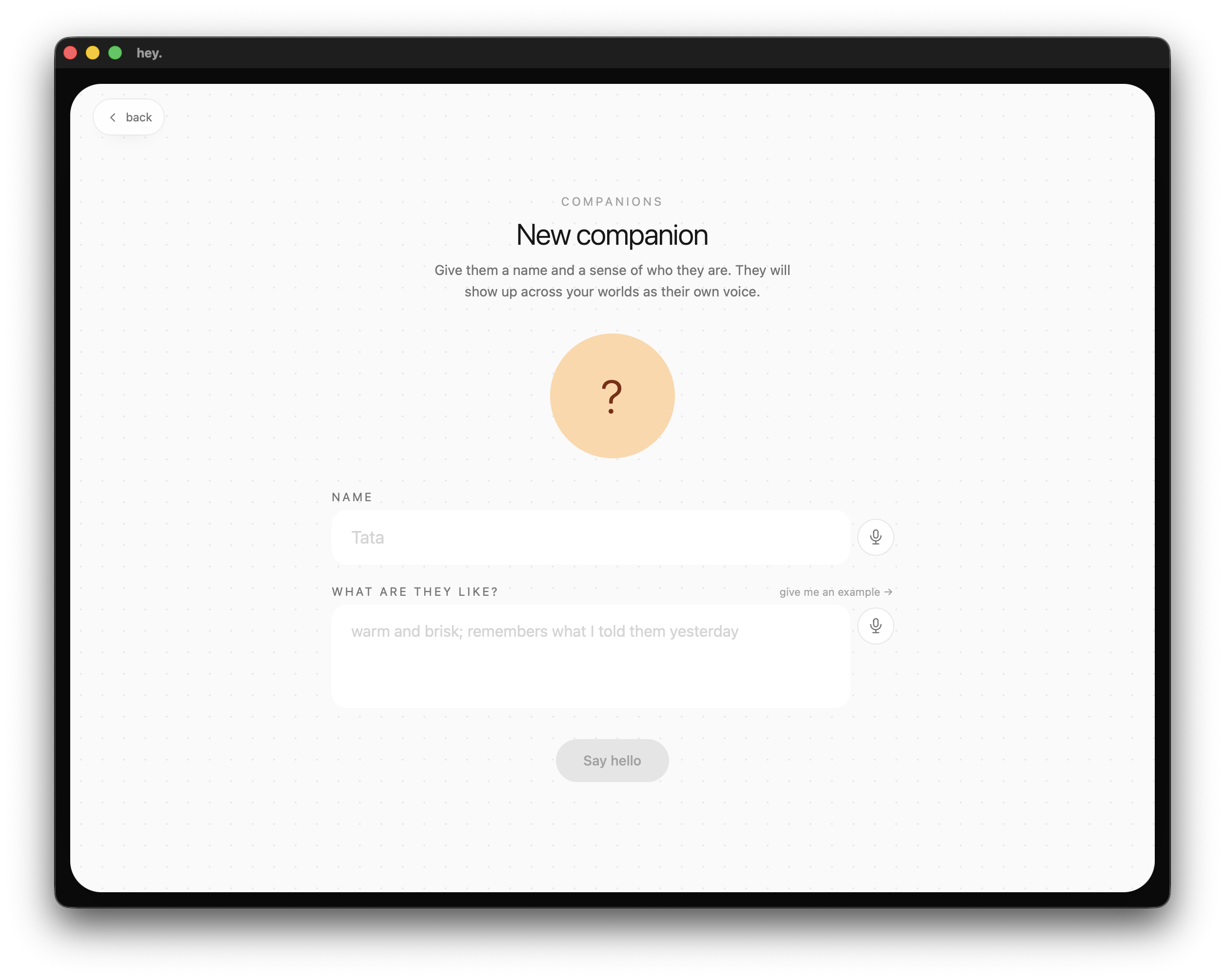 Prototype companion creation screen with fields for a name and personality.