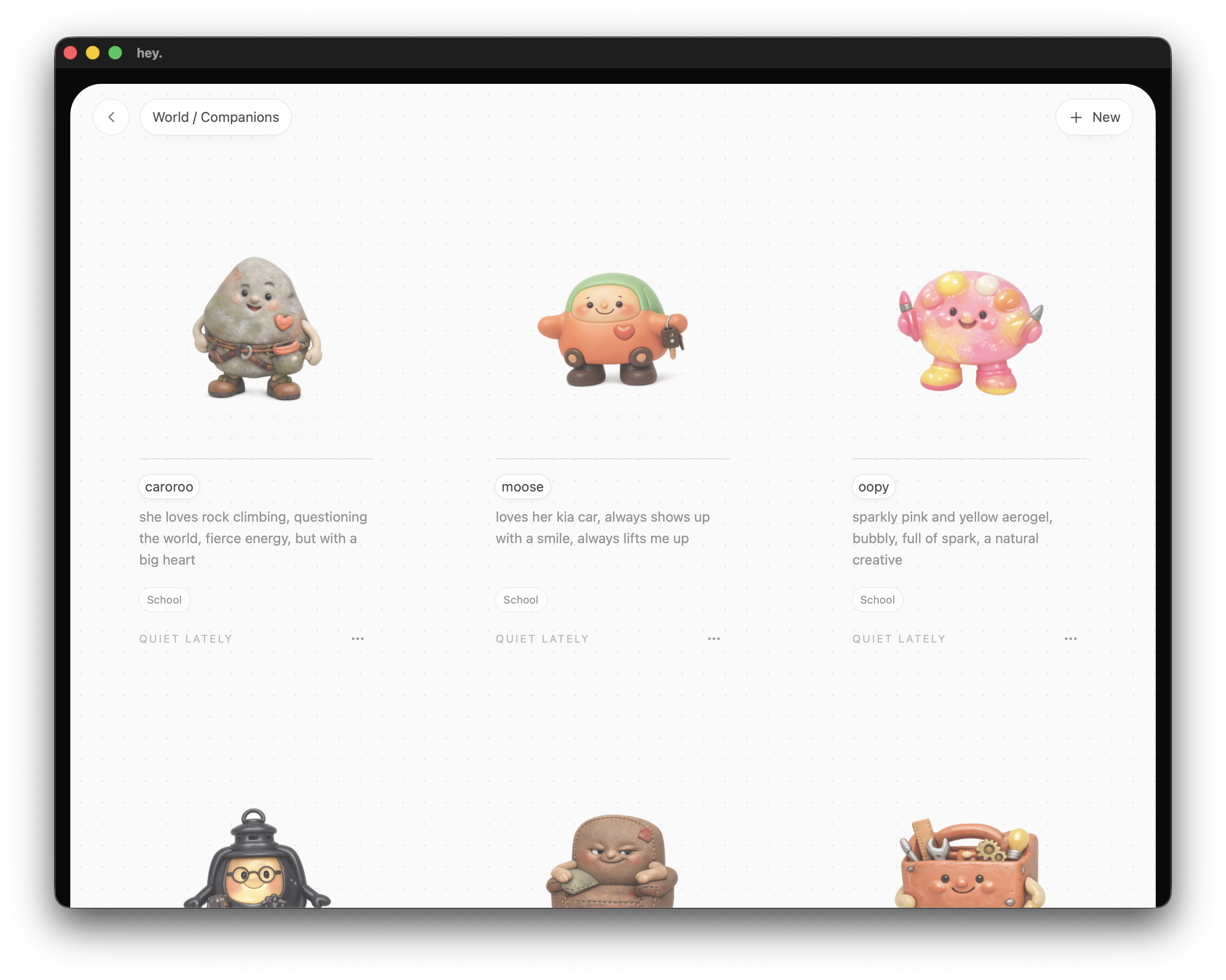 Prototype companion collection with distinct character avatars, names, and descriptions.