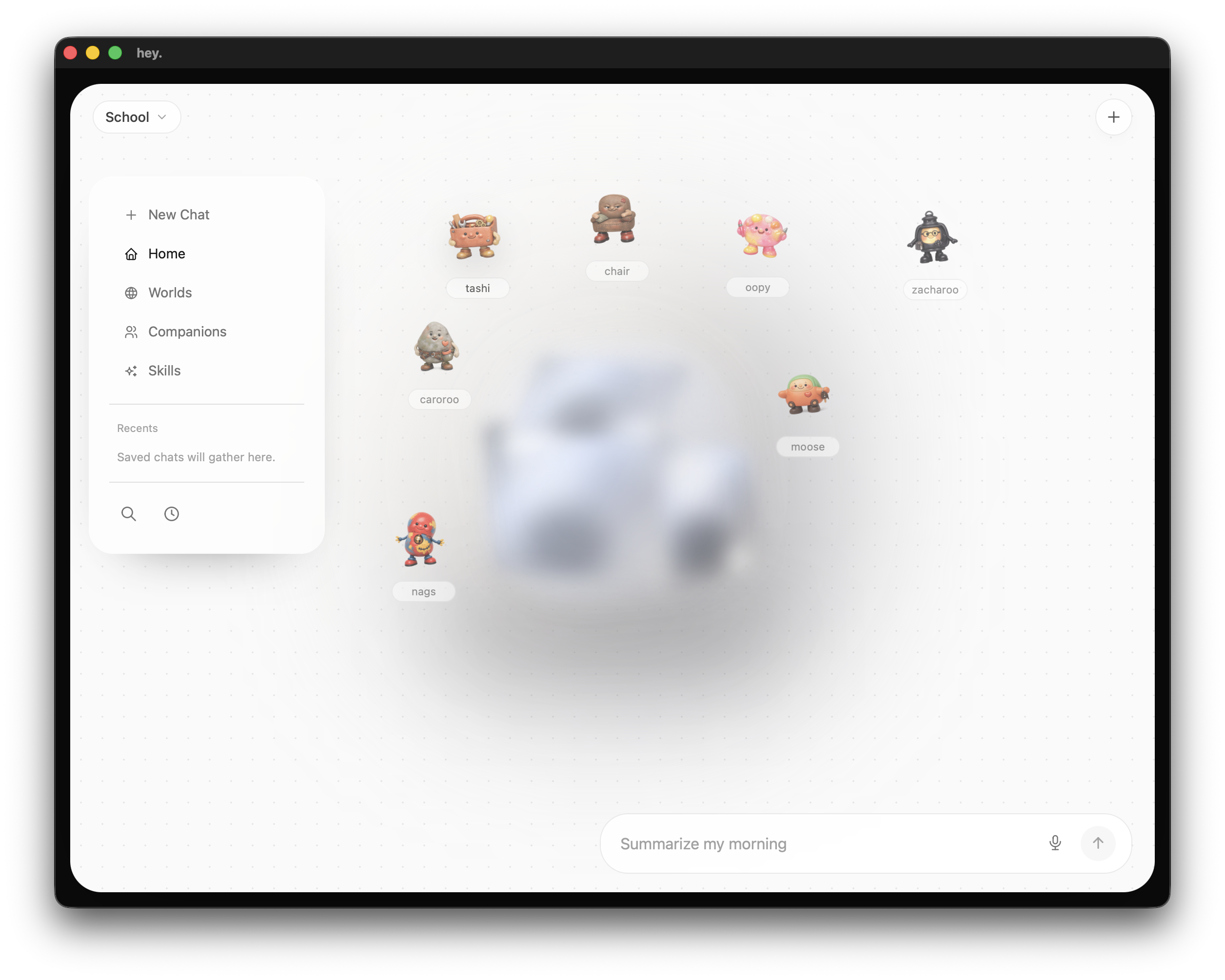 Prototype world home with companion avatars arranged around a soft visual world, alongside navigation and chat.