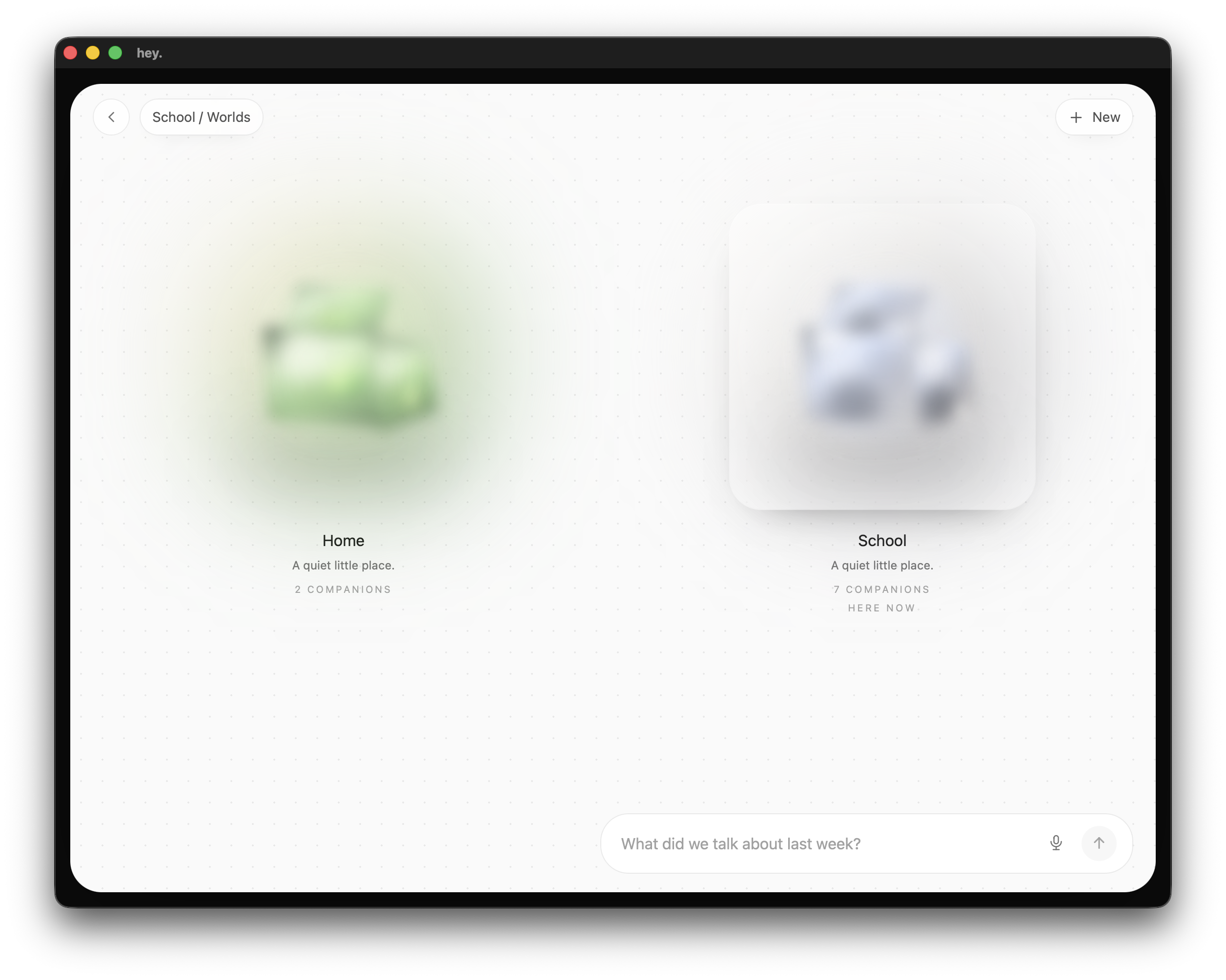 Prototype world selector showing Home and School, each with a visual representation and companion count.