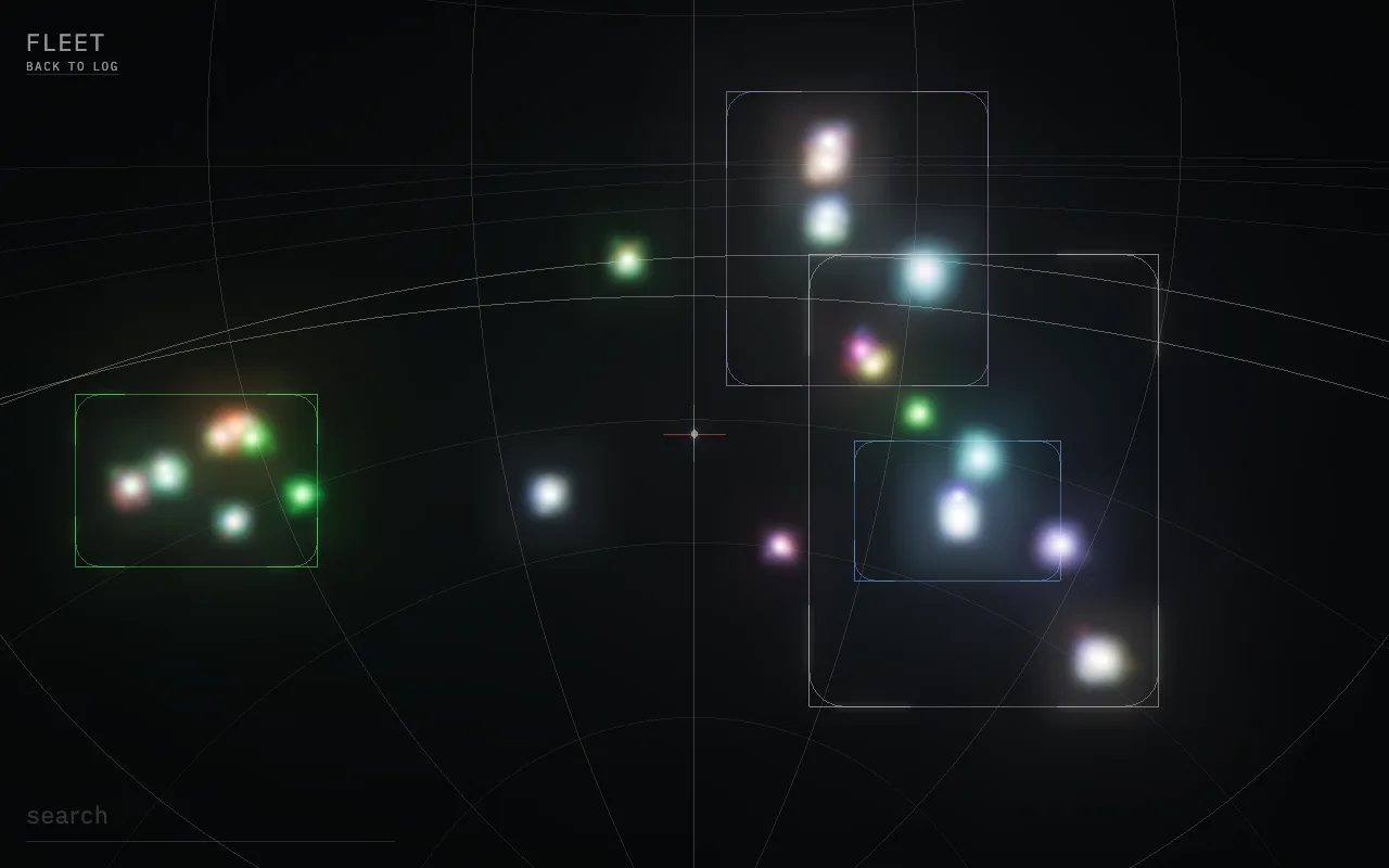 Design Drift atlas: clusters of anonymized front-end implementations on a dark starfield, grouped by visual drift.