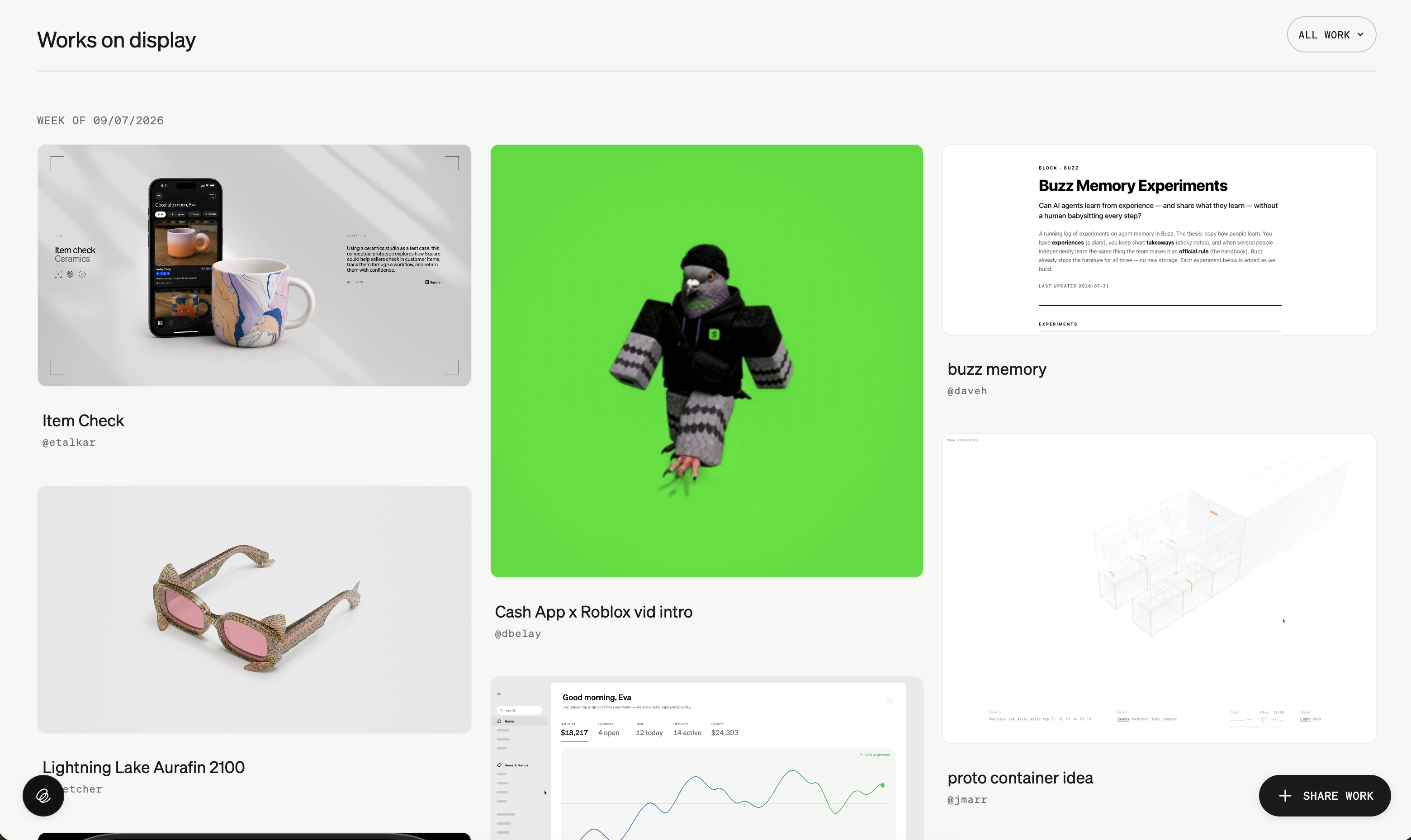 Playground feed titled Works on display, with posts including Item Check, a Cash App and Roblox clip, Buzz Memory Experiments, Lightning Lake sunglasses, a dashboard, and a proto container idea.