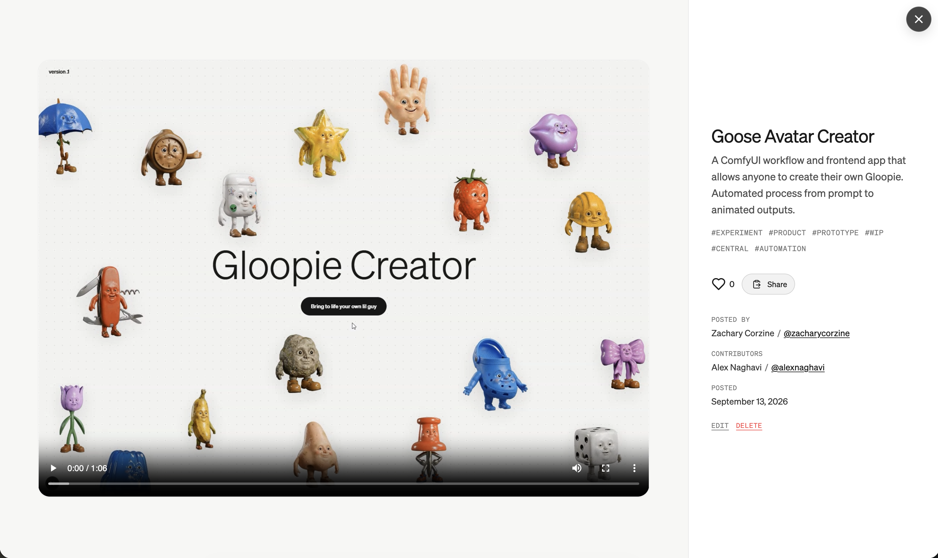 Playground item view for Goose Avatar Creator, with a Gloopie Creator video on the left and title, tags, likes, and contributors on the right.