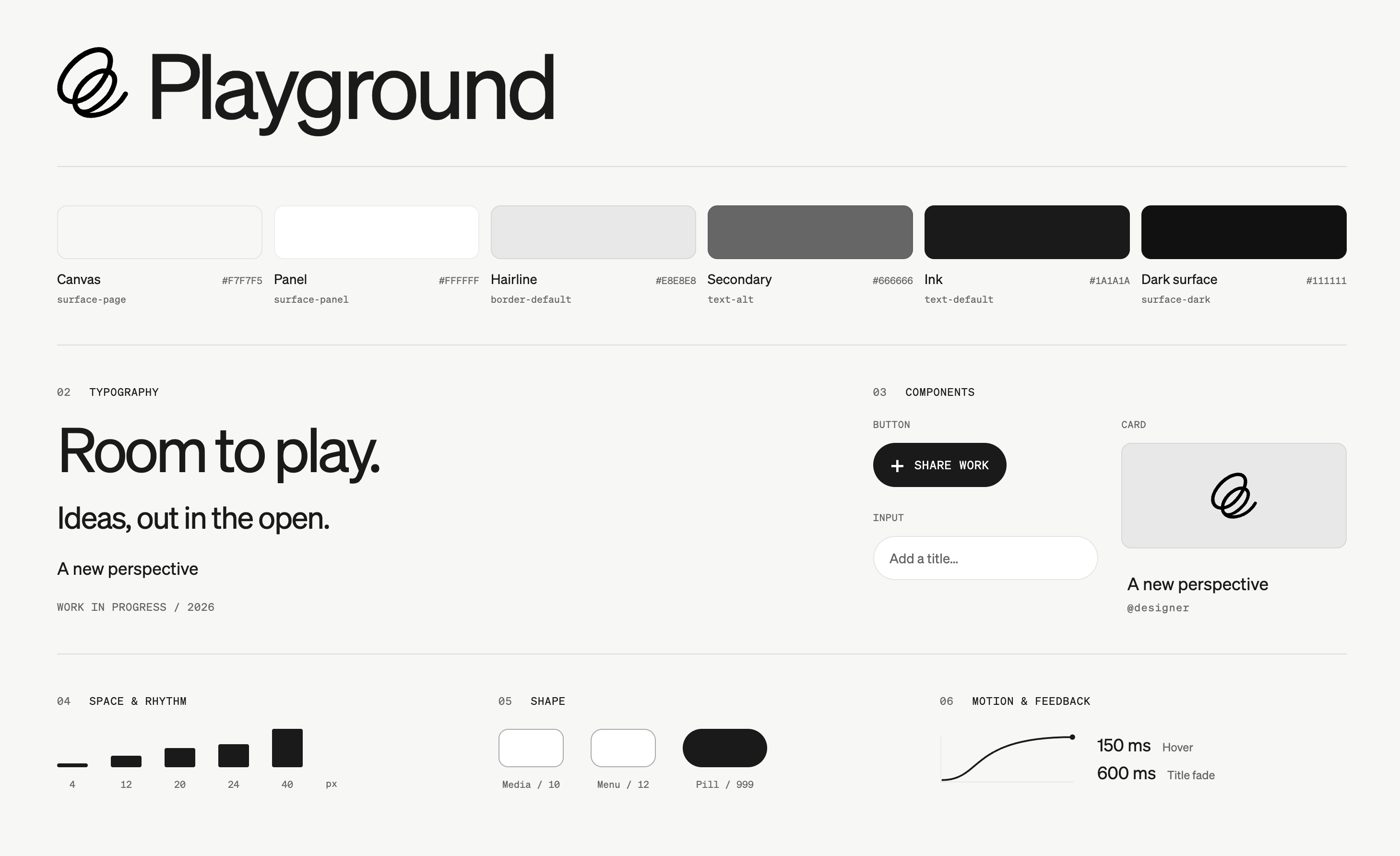 Playground visual design specs: canvas, panel, hairline, secondary, ink, and dark surface colors; typography; button, input, and card components; spacing, radii, and motion timings.